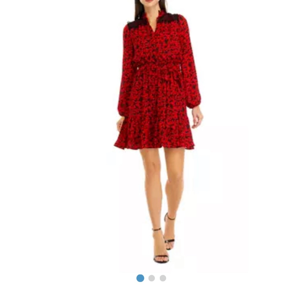 Tahari red and black long sleeve dress, ties at neck